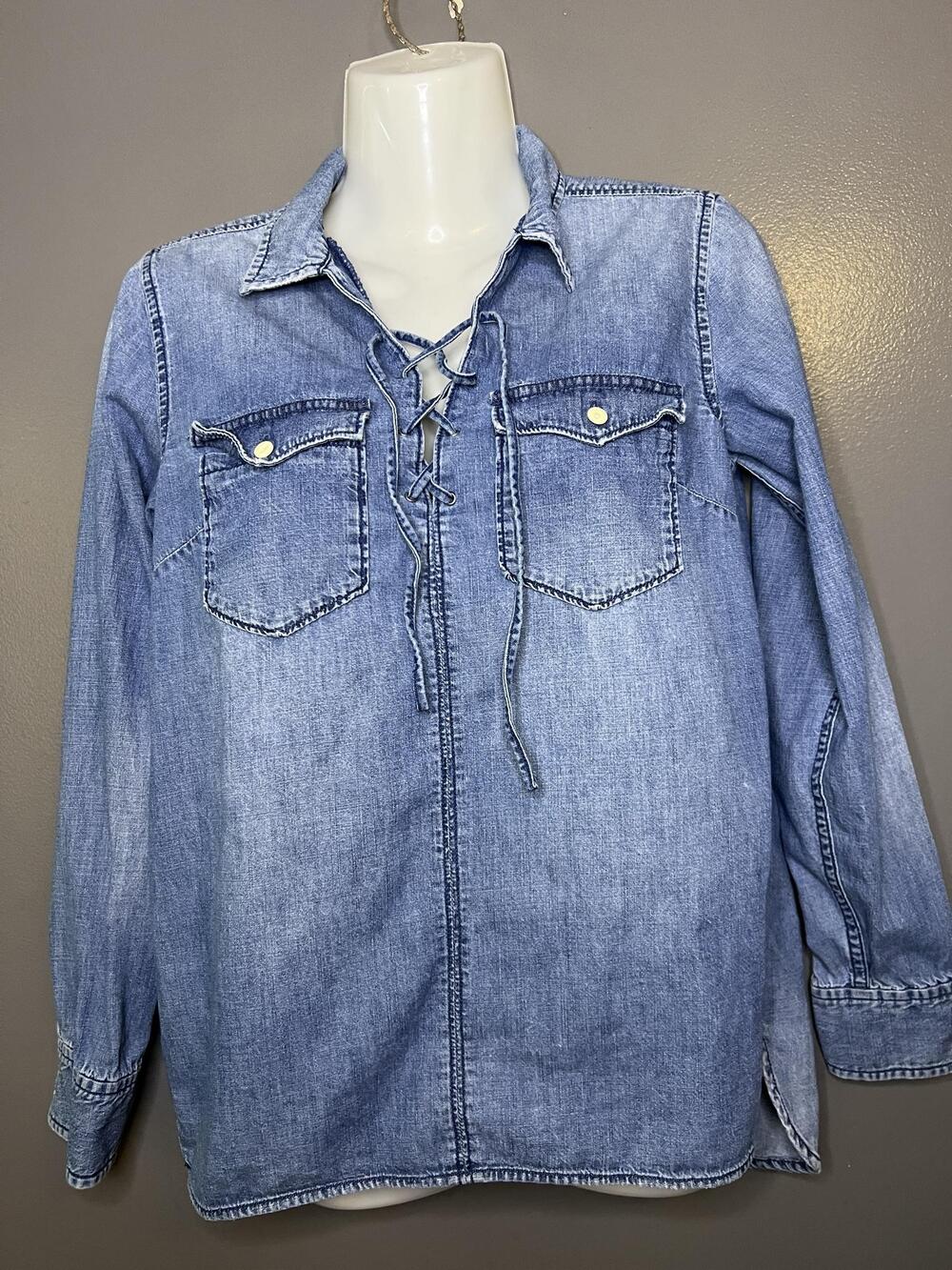 Madewell Blouse Womens XS Blue Chambray Lace Up Long Sleeve Tunic Top Denim